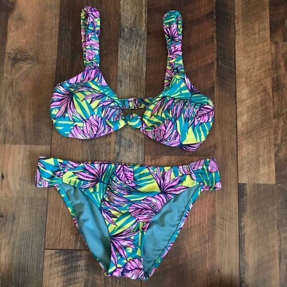 Tropical Bikini 2-PC green pink yellow Swimsuit Bathing Suit Sz M New w/tags - Picture 1 of 5